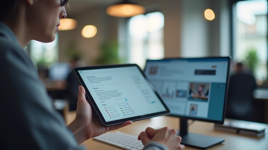 Designer trabalhando em tablet mostrando wireframe com grades de proporção e marcações de espaçamento