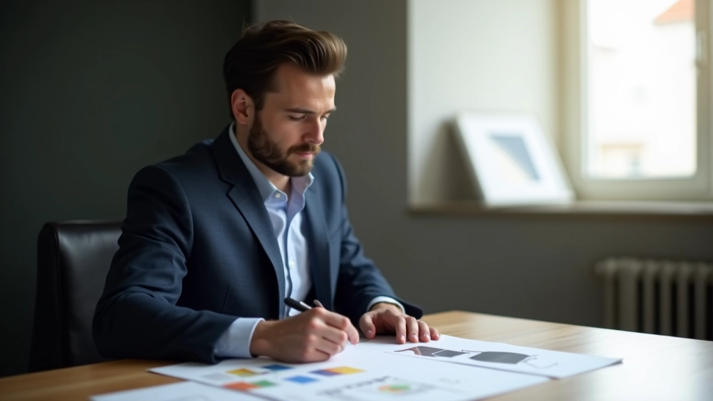 Designer analisando esboço de página web com anotações sobre tamanhos e posicionamento de elementos