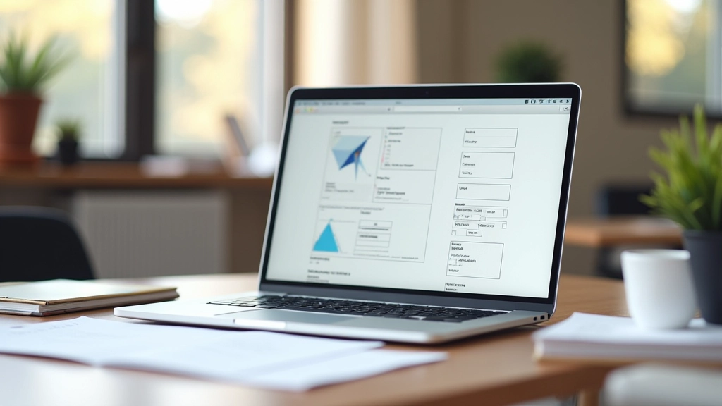 Computador portátil com grid de design aberto na tela, mostrando layouts e wireframes