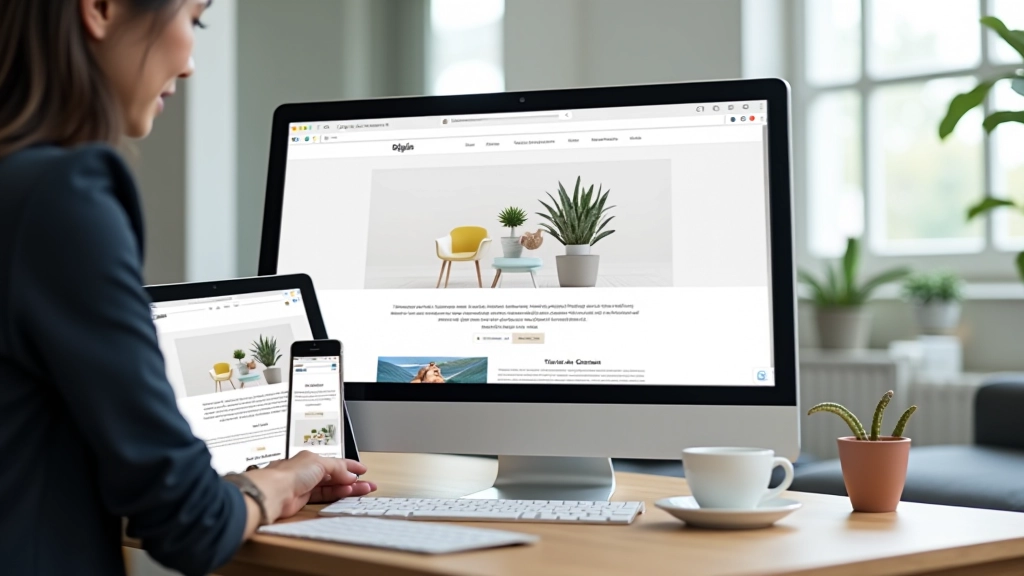 Mockup de website mostrando responsividade em três tamanhos de tela: desktop, tablet e mobile