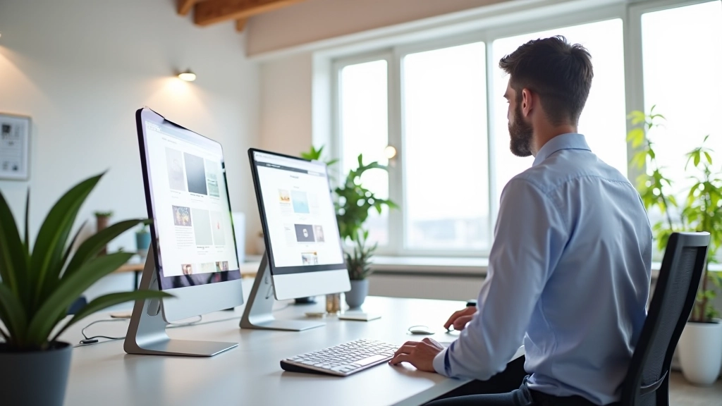 Estúdio de design web moderno com layouts de websites em monitores